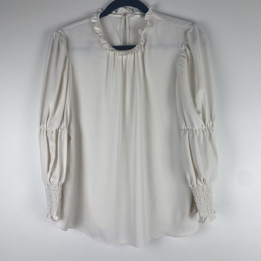 Amanda Uprichard Women's High Neck Blouse Size L Cream Puff Sleeves Smocked